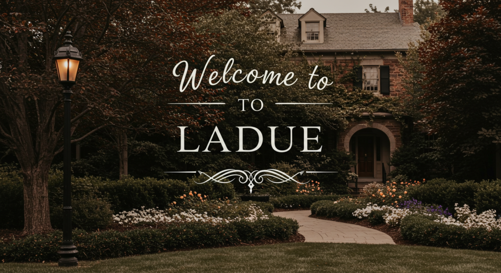 "Welcome to Ladue sign surrounded by estate homes, mature trees, and meticulously landscaped properties."