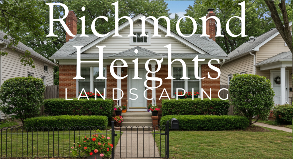 "Richmond Heights welcome sign surrounded by beautifully landscaped residential properties featuring colorful gardens and custom hardscaping."