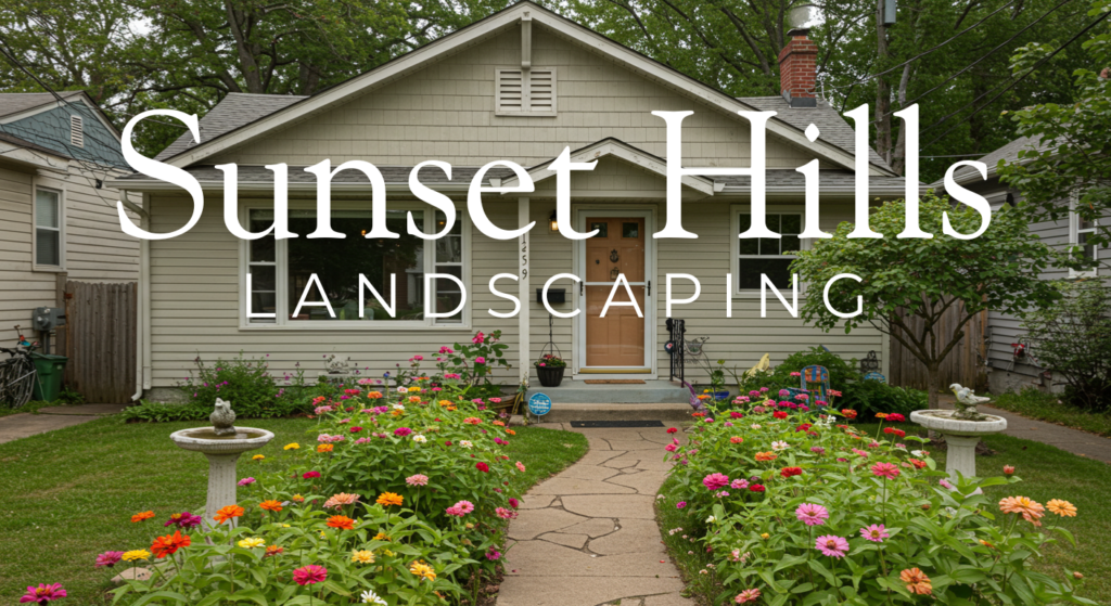 "Sunset Hills entrance marker surrounded by elegant landscaping featuring mature trees, custom gardens, and quality hardscape elements."