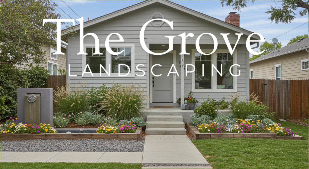 "The Grove neighborhood streetscape featuring vibrant urban landscapes with artistic garden elements and creative outdoor spaces."